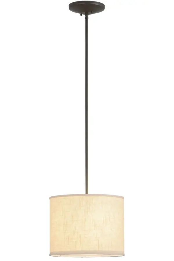 A clean, inviting architectural look is evoked with this pendant design. Beige Textrene fabric with a Statuario Idalight bottom diffuser is complemented with hardware finished in Timeless Bronze. Handcrafted by skilled artisans in our 180,000 square foot manufacturing facility in Yorkville, New York. This pendant is available in custom colors, sizes, styles and dimmable energy efficient lamping. UL and cUL listed for damp and dry locations. Collection: Cilindro Finish: Timeless Bronze Glass: Beige Textrene Width: 14.00" Height: 14.00" Length: 14.00" Weight: 3.50 lb Number of Bulbs: 1 Maximum Wattage: 60.00 W Bulb Type: A19 Bulb Base: E26 Material: Steel Country of Origin: USA Safety Listing: Damp Safety Rating: Damp