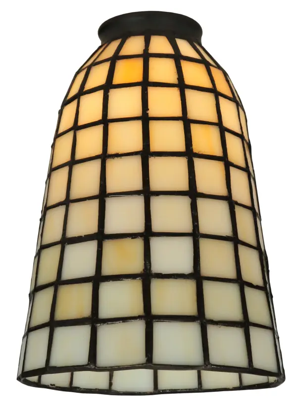This exquisite elongated handcrafted shade features Bone Beige art glass in a Geometric grid pattern. The stunning shade is created using the famous Meyda Tiffany copperfoil construction technique. This handsome shade can be paired in multiples to create a table or floor lamp, and built with hardware to produce a beautiful wall sconce or ceiling fixture. The Terra Bone Shade is included in our American designed, handcrafted Stained Glass Lighting Collection. Each shade is a unique work of art with color variations based on natural ingredients inherent in the glass. Contact us if color matching is critical when ordering multiple items. Collection: Terra Bone Glass: Stained Glass Width: 5.00" Height: 7.00" Length: 5.00" Weight: 1.00 lb Number of Bulbs: 6 Maximum Wattage: 60.00 W Bulb Type: A-19 Bulb Base: E26 Material: Steel Country of Origin: CHINA Safety Listing: Dry Safety Rating: Dry