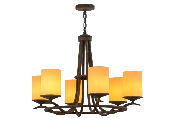 Add graceful details to any interior decor with this elegant lighting design that provides soft ambient illumination. 6 Tawnyrock Idalight Cylindres are perched on decorative bobeches that are embraced by an elegant frame with curved arms in a richly hued Antiquity finish. Handcrafted in our manufacturing facility in the USA, this Hand-forged Iron chandelier is available in custom colors, styles, size and dimmable energy efficient lamping options to individualize the look that you need. The 36-inch wide Octavia chandelier is UL and cUL listed for dry and damp locations. Collection: Octavia Finish: Antiquity Glass: Earth Marble Width: 36.00" Height: 33.00" Length: 36.00" Weight: 31.00 lb Extension from Wall: 4.50" Number of Bulbs: 6 Maximum Wattage: 40.00 W Bulb Type: A19 Bulb Base: Medium Material: Steel Country of Origin: USA Safety Listing: Damp Safety Rating: Damp