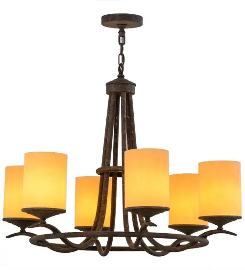 Add graceful details to any interior decor with this elegant lighting design that provides soft ambient illumination. 6 Tawnyrock Idalight Cylindres are perched on decorative bobeches that are embraced by an elegant frame with curved arms in a richly hued Antiquity finish. Handcrafted in our manufacturing facility in the USA, this Hand-forged Iron chandelier is available in custom colors, styles, size and dimmable energy efficient lamping options to individualize the look that you need. The 36-inch wide Octavia chandelier is UL and cUL listed for dry and damp locations. Collection: Octavia Finish: Antiquity Glass: Earth Marble Width: 36.00" Height: 33.00" Length: 36.00" Weight: 31.00 lb Extension from Wall: 4.50" Number of Bulbs: 6 Maximum Wattage: 40.00 W Bulb Type: A19 Bulb Base: Medium Material: Steel Country of Origin: USA Safety Listing: Damp Safety Rating: Damp - alternate view