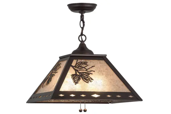 Naturally inspired pinecones and pine needles accent stunning Silver Mica with a frame and hardware hand finished in Mahogany Bronze. Handcrafted by Meyda artisans at the foothills of the Adirondack Mountains in the USA; this fixture is available in custom sizes; styles; colors or dimmable energy-efficient lamping options.