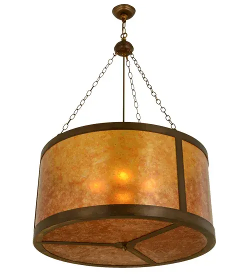 Inspired by the famed Arts and Crafts movement in design, this handsome pendant allows soft beautiful ambient light to gently evoke from warm Amber Mica. The Timeless Bronze finished hardware and frame is an impressive compliment to this dramatic shade and any decor. The fixture is handcrafted by Meyda artisans in our Upstate New York manufacturing facilities at the foothills of the glorious Adirondack Mountains. Custom styles, sizes and colors are available, as well as dimmable energy efficient lamping options. Collection: Smythe Craftsman Finish: Antique Copper Glass: Antique Copper/Amber Mica Width: 32.00" Height: 51.50" Length: 32.00" Weight: 20.00 lb Extension from Wall: 11.50" Number of Bulbs: 4 Maximum Wattage: 100.00 W Bulb Type: A19 Bulb Base: Medium Material: Steel Country of Origin: USA Safety Listing: Damp Safety Rating: Damp - alternate view