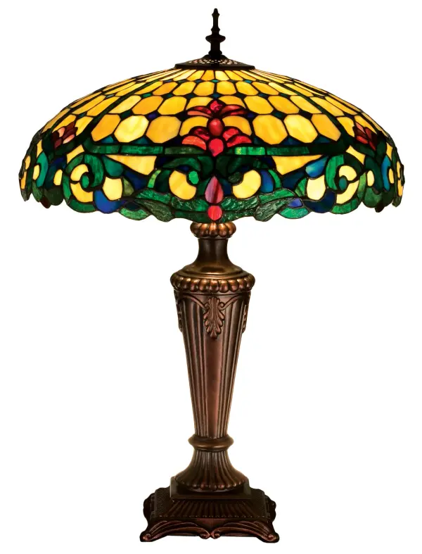 Flourishes of Merlot colored stained glass accent the Emerald Green scrolls and Sea Blue accents on warm Beige in this Duffner & Kimberly reproduction shade. The Tiffany style handcrafted shade is suspended from a hand finished lamp base in a Mahogany Bronze.