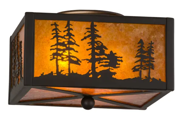 A stunning nature inspired design of Tall Pine trees is depicted as the mid-morning sun shines over the American woodlands. Soft ambient light is diffused beautifully through stunning Amber Mica, which is complemented with Oil Rubbed Bronze finished accents and frame. The fixture is handcrafted in the Meyda manufacturing facility, located at the foothills of the Adirondack Mountains. Custom styles, colors, sizes and dimmable energy-efficient lamping are available.The fixture is UL and cUL listed for damp and dry locations. Collection: Tall Pines Finish: Oil Rubbed Bronze Glass: Amber Mica Width: 14.50" Height: 6.50" Length: 10.00" Weight: 4.00 lb Number of Bulbs: 2 Maximum Wattage: 60.00 W Bulb Type: A19 Bulb Base: E26 Material: Steel Country of Origin: USA Safety Listing: Damp Safety Rating: Damp