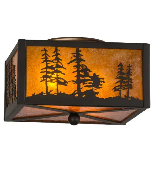 A stunning nature inspired design of Tall Pine trees is depicted as the mid-morning sun shines over the American woodlands. Soft ambient light is diffused beautifully through stunning Amber Mica, which is complemented with Oil Rubbed Bronze finished accents and frame. The fixture is handcrafted in the Meyda manufacturing facility, located at the foothills of the Adirondack Mountains. Custom styles, colors, sizes and dimmable energy-efficient lamping are available.The fixture is UL and cUL listed for damp and dry locations. Collection: Tall Pines Finish: Oil Rubbed Bronze Glass: Amber Mica Width: 14.50" Height: 6.50" Length: 10.00" Weight: 4.00 lb Number of Bulbs: 2 Maximum Wattage: 60.00 W Bulb Type: A19 Bulb Base: E26 Material: Steel Country of Origin: USA Safety Listing: Damp Safety Rating: Damp - alternate view