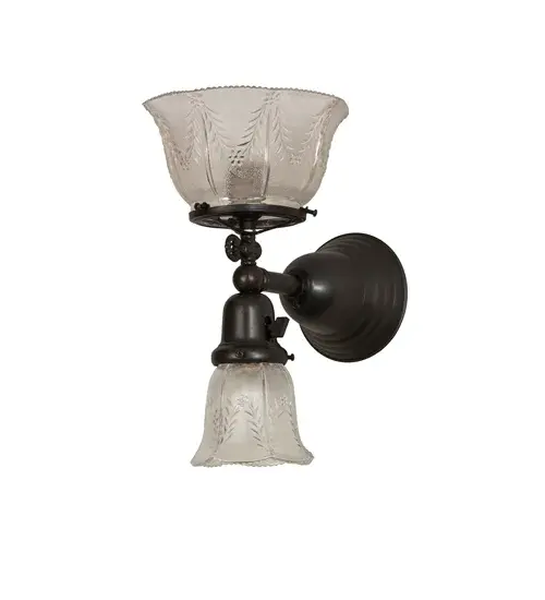 Step back in time with a traditional glass; fit and finish. This fixture is reminiscent of lighting from the early 1900s when people were transitioning from gas lamps to electric. The Clear Textured Revival glass shades offer an authentic historic look to complement any room or space. The larger glass goblet styled shade provides indirect light upwards and recreates a gas powered fixture; while the smaller goblet shade delivers down lighting and re-creates early electric fixtures back in the day. Craftsman Brown finished hardware and authentically detailed accents make this piece a timeless treasure. This fixture is handcrafted by Meyda artisans in Yorkville; NY. - alternate view