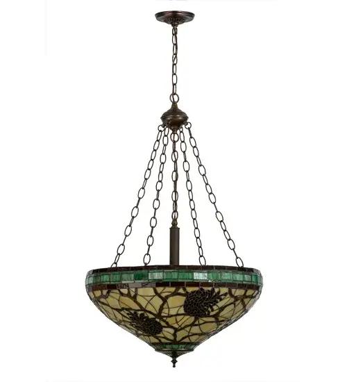 This stunning design features the iconic pinecone; one of Mother Nature's most compelling organic symbols; which offers a natural elegance and represents the evolution of human enlightenment. Burgundy and Leafy Green bands edge this woodland art glass shade that highlights Light Brown pinecones and branches on a Golden Sun background. The shade; which is created using the famous Meyda Tiffany copperfoil construction process; is enhanced with hardware finished in Mahogany Bronze. Custom styles; colors; sizes and dimmable energy efficient lamping options are available. - alternate view