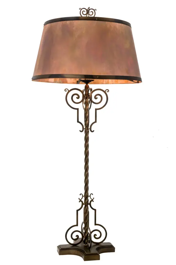 Revealing an elegant design with a warm, long lasting patina, Clarice is custom crafted with a shade featured in a Vintage and Oxidized Copper finish. The tapered shade adorns an exquisite floor base featured in an Antique Copper finish. The decorative base and finial are designed with fanciful scroll metalwork and rope-like motif. Custom crafted by highly skilled artisans in our 180,000 square foot manufacturing facility in Yorkville, New York. This lamp is available in custom designs, styles, finishes and with dimmable energy efficient lamping options. It is UL and cUL listed for dry locations. Collection: Clarice Finish: Light Burnished Antique Copper Glass: Vintage Copper Width: 32.00" Height: 72.00" Length: 32.00" Weight: 62.50 lb Extension from Wall: 12.00" Number of Bulbs: 4 Maximum Wattage: 60.00 W Bulb Type: A19 Bulb Base: E26 Material: Steel Country of Origin: USA Safety Listing: Dry Safety Rating: Dry