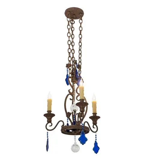 Sparkling elegance and shimmering opulence come to light with a beautiful combination of crystal; candlelight and hardware in gold. Three Ivory colored faux candlelights perched on bobeches with scrolled arms embrace a circular metal frame; which is adorned with Blue Crystal droplets and Clear Crystal accents. The hardware and frame are featured in an exquisite Cortez Gold finish. Handcrafted in the USA; this fixture is available in custom sizes; styles and colors; as well as with dimmable energy efficient lamping options. The chandelier is UL and cUL listed for damp and dry locations. - alternate view