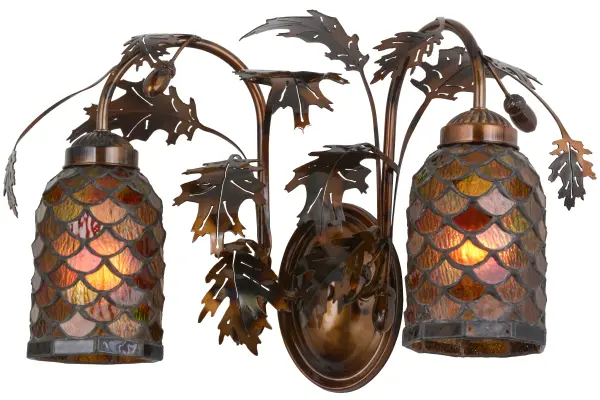 Rustic charm is revealed with this elegant; nature inspired design as stunning Oak leaves and branches adorn these scalloped Acorn shades featuring hues of Bark Brown and Amber. The decorative accents and hardware is featured in a Dark Burnished Transparent Copper finish. The most powerful of all trees; the mighty Oak and all of its leaves represent courage and strength. The fixture is handcrafted in Meydas manufacturing facility; at the foothills of the Adirondack Mountains in the USA. Custom colors; styles; sizes and dimmable energy efficient lamping options are available.