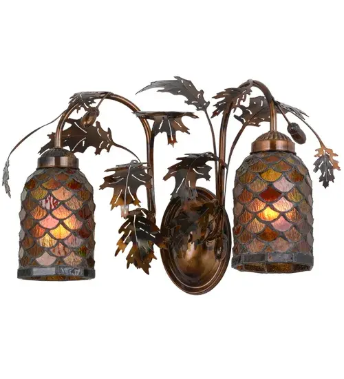 Rustic charm is revealed with this elegant; nature inspired design as stunning Oak leaves and branches adorn these scalloped Acorn shades featuring hues of Bark Brown and Amber. The decorative accents and hardware is featured in a Dark Burnished Transparent Copper finish. The most powerful of all trees; the mighty Oak and all of its leaves represent courage and strength. The fixture is handcrafted in Meydas manufacturing facility; at the foothills of the Adirondack Mountains in the USA. Custom colors; styles; sizes and dimmable energy efficient lamping options are available. - alternate view