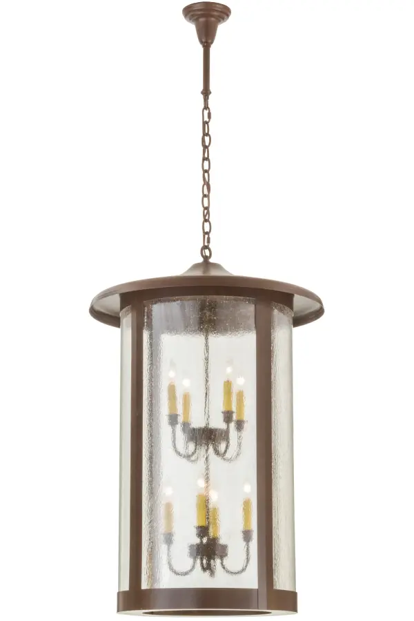 Custom crafted of Solid Brass, this Craftsman Signature cylindrical shaped lantern reveals two clusters of four light candelabras that project ambient light through Clear Seeded glass. The frame and hardware are featured in a stunning Cafe Noir finish. The fixture is handmade by Meyda artisans in our manufacturing facility in Yorkville, NY and is ideal for outdoor and indoor applications. Custom designs, styles, sizes and dimmable energy-efficient lamping options are available. Collection: Fulton Finish: Cafe Noir Glass: Clear Seeded Glass Width: 24.00" Height: 49.00" Length: 24.00" Weight: 42.00 lb Number of Bulbs: 8 Maximum Wattage: 40.00 W Bulb Type: BA9 Bulb Base: E12 Material: Steel Country of Origin: USA Safety Listing: Damp Safety Rating: Damp