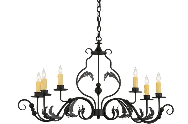 Augusta offers a rich; modern twist on a classic; elegant lighting design. This opulent; sumptuous chandelier features a Wrought Iron finished frame with six Amber faux candlelights perched on bobeches; which are enhanced with Hand-Forged Iron scroll arms and Acanthus leaf decorative accents. The overall height of the fixture ranges from 27 to 62 inches; as the chain length can be easily adjusted in the field to accommodate your specific lighting application needs.?This oblong fixture is ideal for illuminating islands; dining tables; bars; and counters in residential and commercial settings from Lexington; Kentucky; to Lake Tahoe; Nevada. The Augusta Oblong Chandelier is featured in our American-made; American-designed; handcrafted Traditional Lighting Collection; which is manufactured in Yorkville; NY. UL and cUL listed for dry and damp locations.