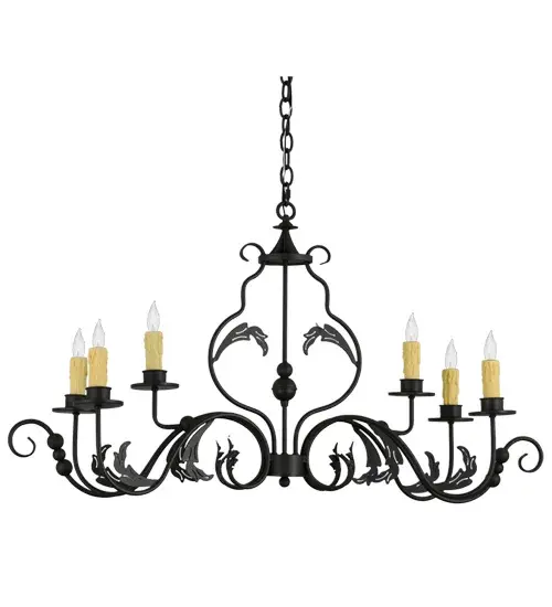 Augusta offers a rich; modern twist on a classic; elegant lighting design. This opulent; sumptuous chandelier features a Wrought Iron finished frame with six Amber faux candlelights perched on bobeches; which are enhanced with Hand-Forged Iron scroll arms and Acanthus leaf decorative accents. The overall height of the fixture ranges from 27 to 62 inches; as the chain length can be easily adjusted in the field to accommodate your specific lighting application needs.?This oblong fixture is ideal for illuminating islands; dining tables; bars; and counters in residential and commercial settings from Lexington; Kentucky; to Lake Tahoe; Nevada. The Augusta Oblong Chandelier is featured in our American-made; American-designed; handcrafted Traditional Lighting Collection; which is manufactured in Yorkville; NY. UL and cUL listed for dry and damp locations. - alternate view
