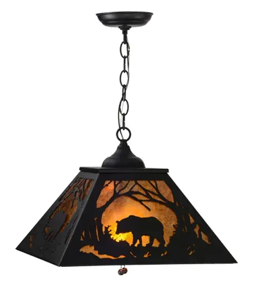 Drawing inspiration from the wildlife and natural beauty in the nearby Adirondack Mountains, this stunning fixture depicts a majestic Bear wandering through the woodlands as the morning sun rises in the background. A warm ambient glow projects through Amber Mica complemented with a frame and hardware featured in a Black finish. Handcrafted by Meyda artisans in our Yorkville, NY facility. Custom designs, styles and sizes available. Energy efficient lamping options. Collection: Bear At Dawn Finish: Textured Black Glass: Amber Mica Width: 22.00" Height: 16.00" Length: 16.00" Weight: 9.00 lb Number of Bulbs: 2 Maximum Wattage: 60.00 W Bulb Type: A19 Bulb Base: E26 Material: Steel Country of Origin: USA Safety Listing: Damp Safety Rating: Damp - alternate view