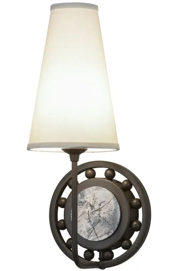 Perfect for any quarters, this unique ship wheel helm styled wall fixture is featured in Distressed Extreme Chrome and enhanced with Timeless Bronze accents and hardware. The single arm wall sconce is crowned with an Off White Textrene cone shaped shade perched on a long slender base. Handcrafted in the USA, this fixture is available in custom styles, colors, sizes and dimmable energy efficient lamping options. Collection: Valdosta Finish: Timeless Bronze Glass: Off White Textrene Width: 7.50" Height: 17.50" Length: 6.25" Weight: 3.50 lb Extension from Wall: 6.25" Number of Bulbs: 1 Maximum Wattage: 40.00 W Bulb Type: B10 Bulb Base: E12 Material: Steel Country of Origin: USA Safety Listing: Damp Safety Rating: Damp