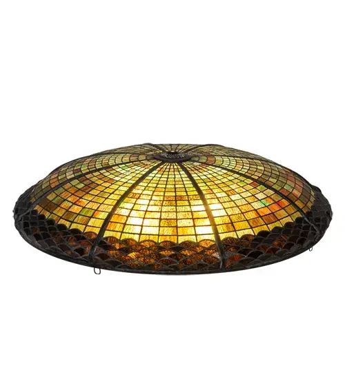 Inspired by the hues and textures of an Acorn. This ceiling fixture features an Autumn-colored Art Glass Shade with Greens; Browns; and Golden tones; adorned with a scalloped Bark Brown Granite Glass trim. The beautiful shade is created using the famous Meyda Tiffany copperfoil construction. It pairs well with hardware to create model 183250 36 Wide Acorn Semi-Flushmount; model 144581 52" Wide Greenbriar Oak Inverted Pendant; model 137264 44" Wide Greenbriar Oak Semi-Flushmount; and model 37514 42" Wide Greenbriar Oak Inverted Pendant. This stunning decorative luminaire is UL and cUL listed for dry and damp locations. The Acorn Pan W/Hooks Shade is included in our American-designed; handcrafted Nature Inspired Stained Glass Collection. Each shade is a unique work of art with color variations based on natural ingredients inherent in the glass." - alternate view