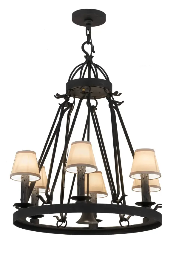 Blending an exquisite style with a rich distinguished look; the Lakeshore features a Costello Black finished steel ring that provides timeless beauty and beautiful illumination. A total of 6 Eggshell Textrene shades top faux candlelights perched on bobeches; along with a functional downlight in the center of this chandelier; make this chandelier ideal for illuminating dining areas; conference tables; lobbies and other residential and commercial spaces. The fixture is handcrafted by artisans in the USA in our manufacturing facility in Yorkville; New York. Custom colors; styles and sizes are available; as well as dimmable energy efficient lamping options. The fixture is UL and cUL listed for damp and dry locations.