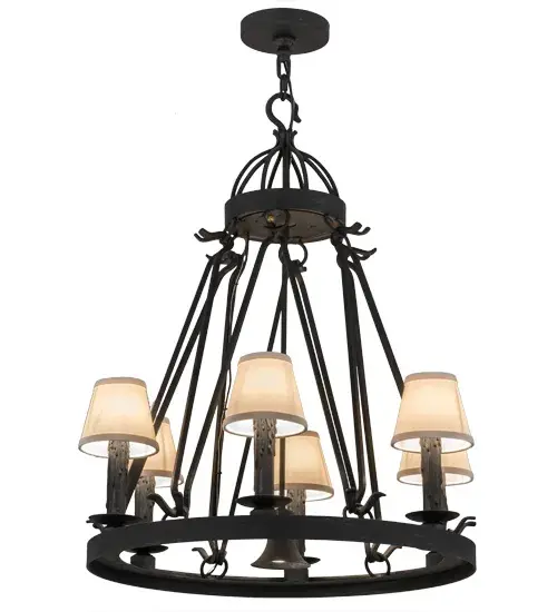 Blending an exquisite style with a rich distinguished look; the Lakeshore features a Costello Black finished steel ring that provides timeless beauty and beautiful illumination. A total of 6 Eggshell Textrene shades top faux candlelights perched on bobeches; along with a functional downlight in the center of this chandelier; make this chandelier ideal for illuminating dining areas; conference tables; lobbies and other residential and commercial spaces. The fixture is handcrafted by artisans in the USA in our manufacturing facility in Yorkville; New York. Custom colors; styles and sizes are available; as well as dimmable energy efficient lamping options. The fixture is UL and cUL listed for damp and dry locations. - alternate view