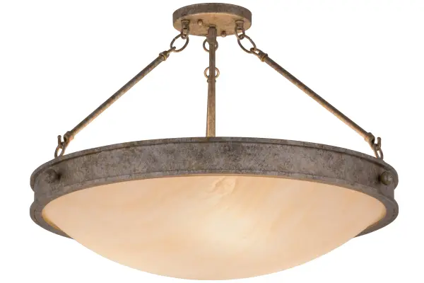 Offering an elegant look for any interiors, this stunning steel ceiling fixture features a Sahara Taupe Idalight shade, which is enhanced with a frame and hardware featured in a Corinth finish for an old world look. This fixture is ideal for hallways, living spaces and other rooms in both residential and commercial environments. Dionne is handcrafted by highly skilled artisans in our 180,000 square foot manufacturing facility in Yorkville, New York. Options include dimmable energy efficient lamping, as well as custom sizes, styles and colors. UL and cUL listed for damp and dry locations. Collection: Dionne Finish: Corinth Glass: Sahara Taupe Idalight Width: 23.00" Height: 14.00" Length: 23.00" Weight: 13.00 lb Number of Bulbs: 3 Maximum Wattage: 40.00 W Bulb Type: A19 Bulb Base: E26 Material: Steel Country of Origin: USA Safety Listing: Damp Safety Rating: Damp