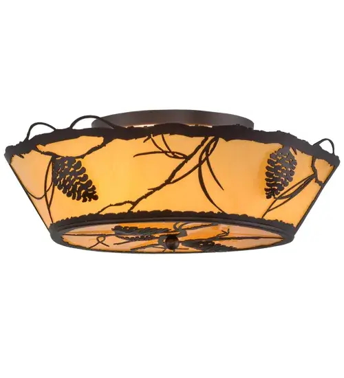 Listen closely. You can almost hear the soft whisper of the pine branches as they dance in the wind. Enjoy the warm ambiance of soft beautiful light diffused through Tawnyrock Idalight featuring stunning pinecone and tree branch designs. This rustic ceiling fixture is featured in a Mahogany Bronze finish and handcrafted by Meyda artisans in Yorkville, New York at the foothills of the Adirondack Mountains. Create the lighting design, colors, and the size and style of your choice. Dimmable energy efficient lamping options are available. Collection: Whispering Pines Finish: Mahogany Bronze Glass: Tawnyrock Idalight Width: 22.00" Height: 8.50" Length: 22.00" Weight: 9.50 lb Number of Bulbs: 4 Maximum Wattage: 60.00 W Bulb Type: A19 Bulb Base: E26 Material: Steel Country of Origin: USA Safety Listing: Damp Safety Rating: Damp - alternate view