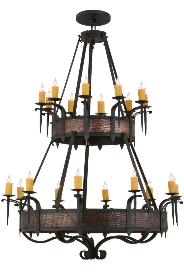 Hand hammered Copper Band belts embellish two Costello Black tiers of this breathtaking chandelier. 20 Amber faux candlelights embraced by delicate bobeches are attached to gracefully curved arms and provide decorative lighting. Ideal for lobbies; ballrooms and large spaces in homes; hotels; retailers and other commercial locations. Handcrafted by highly skilled artisans in our 180;000 square foot manufacturing facility in Yorkville; New York. Lamping styles; metal finishes and fixture sizes can be customized. UL and cUL listed for dry and damp locations.