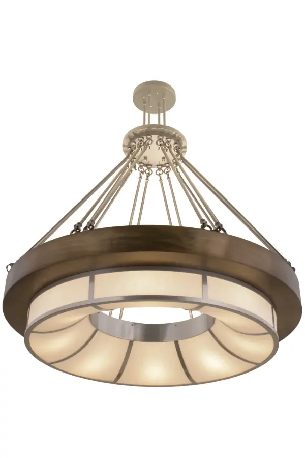 The Cilindro Venturais designed by Donna Watson-Rossmoore and Patricia Biechler of Donna Watson-Rossmoore Designs of Winter Garden, FL. American craftsmanship creates the beauty of fine lighting with Cilindro Ventura. A hand finished Antique Copper ring embraces a stunning White Idalight diffuser enveloped in a Linen Textrene and complemented with straight lines finished in Extreme Chrome. The canopy, arms and supports are hand finished in Pewter. Custom sizes, designs and colors are available, as well as dimmable energy efficient lamping options. The pendant is UL and cUL listed for damp and dry locations. Collection: Cilindro Finish: Antique Copper/Pewter Glass: Linen Textrene Width: 48.00" Height: 55.00" Length: 48.00" Weight: 115.00 lb Number of Bulbs: 8 Maximum Wattage: 50.00 W Bulb Type: MR16 Bulb Base: E26 Material: Steel Country of Origin: USA Safety Listing: Damp Safety Rating: Damp