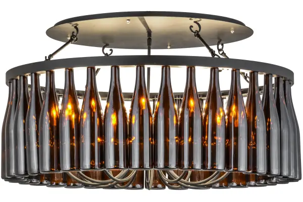 Capture the life of any party with authentic wine bottle lighting... so much fun that you may want to hang from this chandelier, but don't. The fixture does so much more than deliver light, it adds personality and pizazz to any interior. Perfect for homes, restaurants, hotels, pubs, nightclubs, wineries, and retailers. Custom crafted with 38 authentic Amber glass wine bottles, which are attached to sturdy hardware featured in a Black Texture finish. The fixture is handmade by Meyda artisans in our manufacturing facilities in upstate New York. Custom colors, styles and sizes area available. Energy efficient lamping options are offered. Collection: Tuscan Vineyard Finish: Textured Black Glass: Amber Glass Width: 38.00" Height: 20.50" Length: 38.00" Weight: 75.00 lb Number of Bulbs: 12 Maximum Wattage: 60.00 W Bulb Type: BA9 Bulb Base: E12 Material: Steel Country of Origin: USA Safety Listing: Damp Safety Rating: Damp