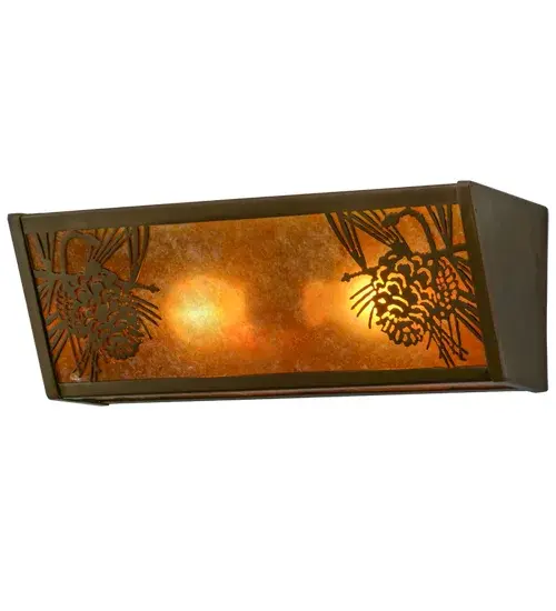 Stunning pinecones with pine needles flank warm Amber Mica framed with hardware hand finished in Antique Copper. Custom crafted by Meyda artisans at the foothills of the beautiful Adirondack Mountains in New York, this fixture is available with custom colors, styles, sizes and dimmable, energy-efficient lamping options. Use it as a vanity light in a bath or a wall sconce in a corridor. Collection: Winter Pine Finish: Antique Copper Glass: Amber Mica Width: 16.00" Height: 6.00" Length: 5.50" Weight: 4.00 lb Extension from Wall: 5.50" Number of Bulbs: 2 Maximum Wattage: 60.00 W Bulb Type: A19 Bulb Base: E26 Material: Steel Country of Origin: USA Safety Listing: Damp Safety Rating: Damp - alternate view