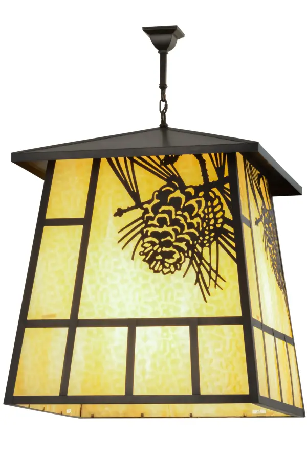 Rustic charm comes alive with soft warm ambient light through stunning Beige glass. This nature inspired pendant is accented with Craftsman Brown finished winter pine cones; pine needles and hardware and combines the straight line geometric design of Mission styling. This fixture is handcrafted by Meyda artisans in our manufacturing facility at the foothills of the Adirondack Mountains. Custom designs; sizes and colors are available. Dimmable energy efficient lamping options are offered.