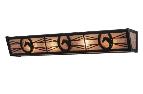 Horse portraits framed with lucky horseshoes are designed and crafted across this handsome fixture. Warm ambient light projects through stunning Silver Mica, which is accented by a geometric design styled after fencing commonly found at horse stables. Decorative hardware and accents are enhanced in a bold Black finish. Perfect for a vanity light in a bath or a sconce in hallways, entryways and foyers. The fixture is handcrafted by Meyda artisans in the USA. Custom sizes, styles and colors are available, as well as dimmable, energy efficient lamping options. Collection: Horseshoe Finish: Bold Black Glass: Black/Silver Mica Width: 30.00" Height: 4.50" Length: 5.50" Weight: 6.50 lb Extension from Wall: 5.50" Number of Bulbs: 4 Maximum Wattage: 60.00 W Bulb Type: A19 Bulb Base: E26 Material: Steel Country of Origin: USA Safety Listing: Damp Safety Rating: Damp