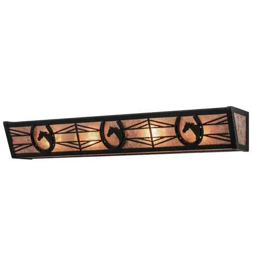 Horse portraits framed with lucky horseshoes are designed and crafted across this handsome fixture. Warm ambient light projects through stunning Silver Mica, which is accented by a geometric design styled after fencing commonly found at horse stables. Decorative hardware and accents are enhanced in a bold Black finish. Perfect for a vanity light in a bath or a sconce in hallways, entryways and foyers. The fixture is handcrafted by Meyda artisans in the USA. Custom sizes, styles and colors are available, as well as dimmable, energy efficient lamping options. Collection: Horseshoe Finish: Bold Black Glass: Black/Silver Mica Width: 30.00" Height: 4.50" Length: 5.50" Weight: 6.50 lb Extension from Wall: 5.50" Number of Bulbs: 4 Maximum Wattage: 60.00 W Bulb Type: A19 Bulb Base: E26 Material: Steel Country of Origin: USA Safety Listing: Damp Safety Rating: Damp - alternate view