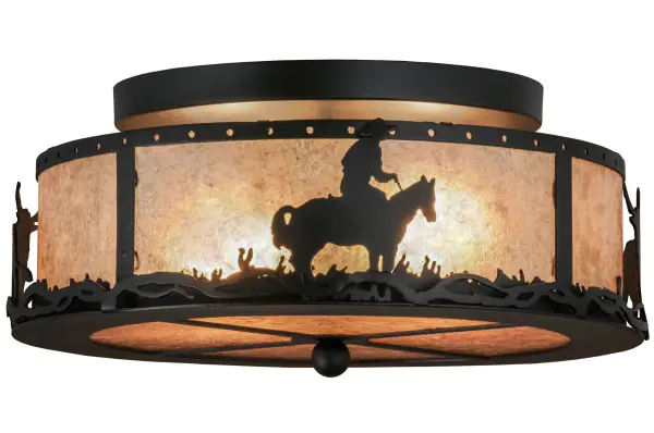 Curved panels of a lone cowboy riding his trusty horse, and a steer, are featured strolling through the prairie as the late afternoon sun lowers in this Western inspired ceiling fixture design. Warm ambient light projects through stunning Silver Mica lens and bottom diffuser complemented by a frame and hardware hand finished in Black. Made in the USA. The fixture is handcrafted by Meyda artisans in our Yorkville, New York manufacturing facility. Custom colors, sizes and styles are available, as well as dimmable energy efficient lamping options. Collection: Cowboy & Steer Finish: Textured Black Glass: Silver Mica Width: 16.00" Height: 8.50" Length: 16.00" Weight: 6.00 lb Extension from Wall: 4.00" Number of Bulbs: 2 Maximum Wattage: 60.00 W Bulb Type: A19 Bulb Base: E26 Material: Steel Country of Origin: USA Safety Listing: Damp Safety Rating: Damp