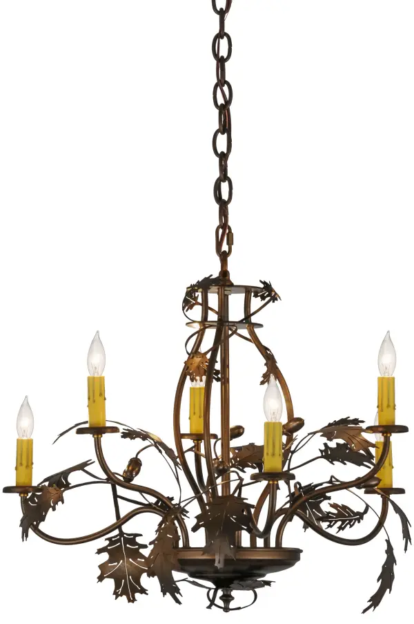 Rustic charm is revealed with this nature inspired lighting design as stunning Oak leaves flourish from branches that adorn Ivory colored faux candlelights; which are complemented with accents and hardware finished in an Antique Copper. The most powerful of all trees; the mighty Oak represents courage and strength. This chandelier; which is ideal for foyers; entryways and any room where you want to make a design statement; is handcrafted in our facility at the foothills of the Adirondack Mountains in the US. Dimmable energy efficient lamping options; as well as custom sizes; styles and colors; are available.