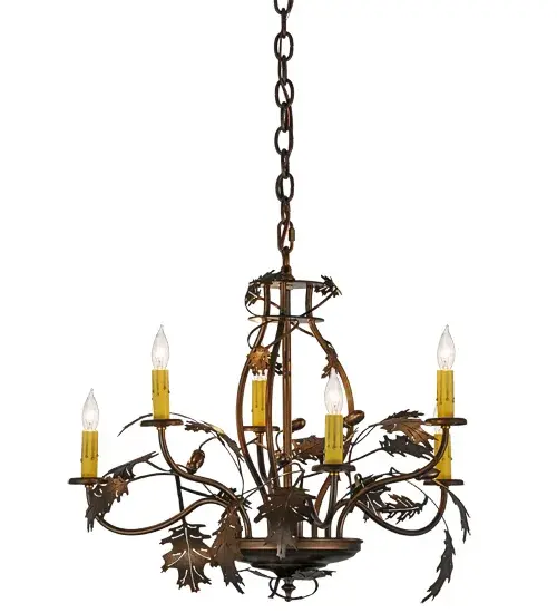 Rustic charm is revealed with this nature inspired lighting design as stunning Oak leaves flourish from branches that adorn Ivory colored faux candlelights; which are complemented with accents and hardware finished in an Antique Copper. The most powerful of all trees; the mighty Oak represents courage and strength. This chandelier; which is ideal for foyers; entryways and any room where you want to make a design statement; is handcrafted in our facility at the foothills of the Adirondack Mountains in the US. Dimmable energy efficient lamping options; as well as custom sizes; styles and colors; are available. - alternate view