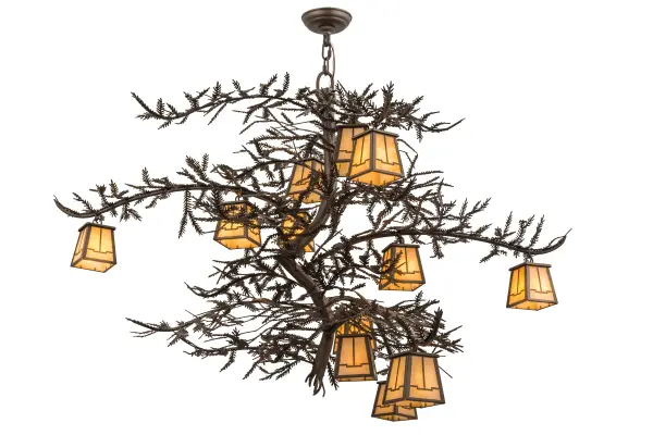 Invite the natural charm of the northern woods into your camp, lodge, home or business with this chandelier.12 Beige art glass lanterns offered in a stunning Arts & Crafts design, adorn Pine Branch shaped arms accented with pine needles, of this unique nature inspired chandelier. This stunning, elaborate fixture features hardware in a warm Tyler Bronze finish. Handcrafted in our facility at the foothills of the Adirondack Mountains in the US, this chandelier is offered in custom sizes, designs and colors available, as well as dimmable, energy-efficient lamping options. UL and cUL listed for damp and dry locations. Collection: Pine Branch Finish: Tyler Bronze Glass: Beige Art Glass Width: 52.00" Height: 39.00" Length: 52.00" Weight: 39.50 lb Number of Bulbs: 12 Maximum Wattage: 60.00 W Bulb Type: JCD Bulb Base: G9 Light Source: Halogen Material: Steel Country of Origin: USA Safety Listing: Damp Safety Rating: Damp