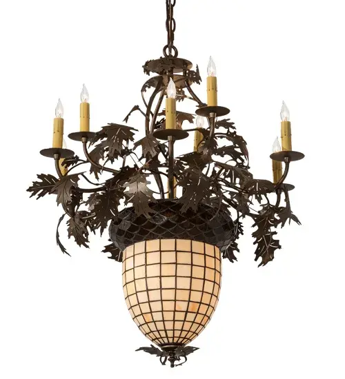 Visually impressive as a mighty Oak Tree; this Acorn art glass shade delights with multi toned Autumn Beige and a Bark Brown granite glass crown sprouting oak leaf and acorn hardware finished in Bronze. Nine faux candlelights with Beeswax candle covers on bobeches sprout from branch-like arms. The chandelier hardware was custom crafted by Meyda artisans at the foothills of the Adirondack Mountains. Custom sizes; styles and colors are available; as well as dimmable energy efficient lamping options. - alternate view