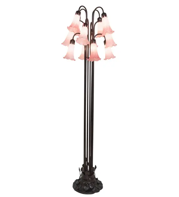 One of the most popular Louis Comfort Tiffany styled lamps on the market today, recreating his famous Favrile design from the early 1900's. This softly mottled Petal Pink shaded Twelve Light Floor Lamp offers an attractive, delicate design featuring shades mouth blown of fine art glass. Lily shades are suspended from stems delicately winding above a Lily pad base finished by hand in Mahogany Bronze. Collection: Pink Finish: Mahogany Bronze Glass: Pink Width: 20.00" Height: 63.00" Length: 20.00" Weight: 28.00 lb Number of Bulbs: 12 Maximum Wattage: 15.00 W Bulb Type: B10 Bulb Base: E12 Material: Steel Country of Origin: CHINA Safety Rating: Dry