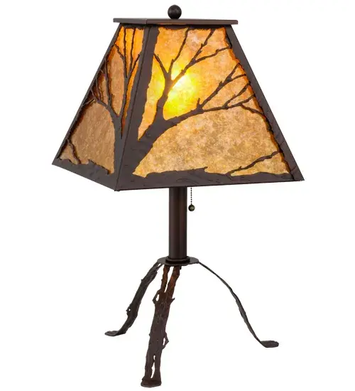 Naturally inspired charm is defined with woodland branch motifs as the afternoon sun begins to set behind the trees in the background. The shade features a stunning Amber Mica shade with barkerized hardware and a base with branch-like legs finished in Mahogany Bronze. The fixture is custom crafted in Upstate New York; at the foothills of the spectacular Adirondack Mountains. Custom sizes; styles; colors and dimmable energy efficient lamping options are available. The lamp is UL and cUL listed for dry locations. - alternate view