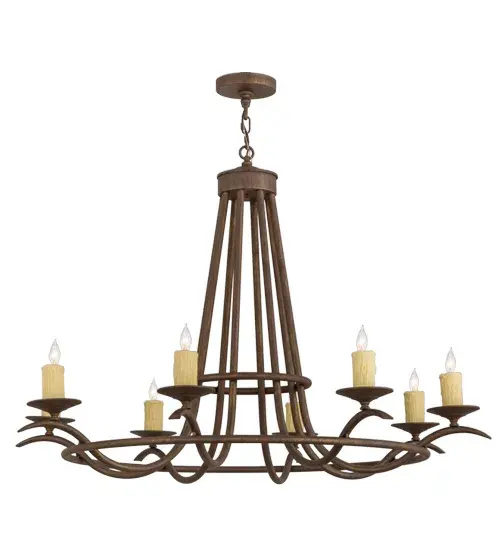 Add graceful detail to any interior decor with this well balanced lighting design that provides soft ambient illumination. Eight Ivory faux candlelights are perched on bobeches that are embraced by an elegant frame with a richly hued Cortez Gold finish. Custom crafted in our manufacturing facility in the USA, this chandelier is perfect for creating a welcoming environment in any space. Choose a custom color, style, size or lamping option to individualize the look that you need. Collection: Octavia Finish: Cortez Gold Glass: Coral,Chocolate,Beige,Gold Width: 48.00" Height: 38.00" Length: 48.00" Weight: 37.00 lb Number of Bulbs: 8 Maximum Wattage: 60.00 W Bulb Type: B10 Bulb Base: E12 Material: Steel Country of Origin: USA Safety Listing: Damp Safety Rating: Damp - alternate view