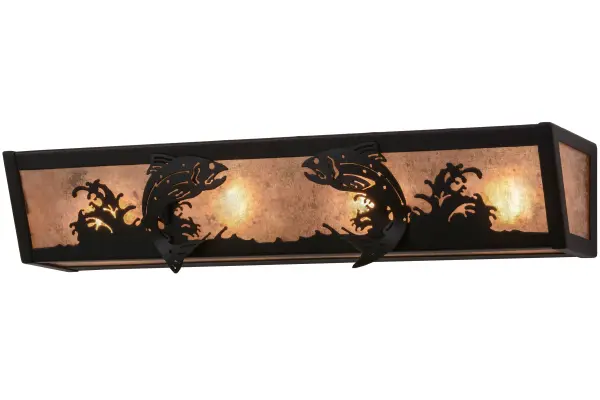 Fishing enthusiasts will cast their lines in delight for these prized Trout, which are leaping out of the lake as the low hanging moon washes warm ambient light through Silver Mica. The stunning diffuser is complemented with decorative accents and hardware finished in Textured Black. The fixture is perfect as a vanity light in a bath or a sconce in a hallway and handcrafted in the Meyda manufacturing facility, at the foothills of the Adirondack Mountain lake country, in the USA. Custom sizes, styles and colors are available, as well as dimmable energy efficient lamping options. Collection: Leaping Trout Finish: Textured Black Glass: Silver Mica Width: 24.00" Height: 4.50" Length: 5.50" Weight: 6.00 lb Extension from Wall: 5.50" Number of Bulbs: 4 Maximum Wattage: 60.00 W Bulb Type: A19 Bulb Base: E26 Material: Steel Country of Origin: USA Safety Listing: Damp Safety Rating: Damp