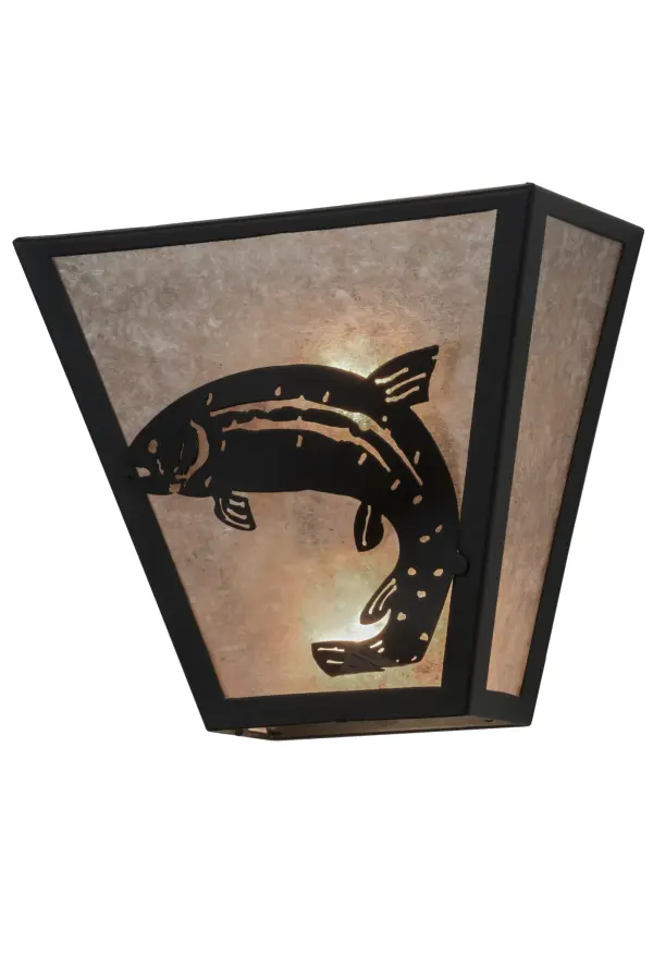 Fishing enthusiasts will cast their lines out in delight for this striking Trout, which is leaping out of the water with a sunlit backdrop. Warm ambient light evokes from Silver Mica, which is complemented with decorative accents and hardware featured in a stunning Black finish. This pocket sconce is handcrafted in the Meyda manufacturing facility, at the foothills of the Adirondack Mountain lake country, in the USA. Custom sizes, styles, colors and dimmable energy efficient lamping options are available. Collection: Leaping Trout Finish: Textured Black Glass: Silver Mica Width: 13.00" Height: 11.50" Length: 6.50" Weight: 4.00 lb Extension from Wall: 6.50" Number of Bulbs: 2 Maximum Wattage: 60.00 W Bulb Type: A19 Bulb Base: E26 Material: Steel Country of Origin: USA Safety Listing: Damp Safety Rating: Damp
