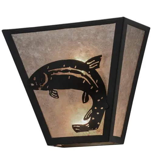 Fishing enthusiasts will cast their lines out in delight for this striking Trout, which is leaping out of the water with a sunlit backdrop. Warm ambient light evokes from Silver Mica, which is complemented with decorative accents and hardware featured in a stunning Black finish. This pocket sconce is handcrafted in the Meyda manufacturing facility, at the foothills of the Adirondack Mountain lake country, in the USA. Custom sizes, styles, colors and dimmable energy efficient lamping options are available. Collection: Leaping Trout Finish: Textured Black Glass: Silver Mica Width: 13.00" Height: 11.50" Length: 6.50" Weight: 4.00 lb Extension from Wall: 6.50" Number of Bulbs: 2 Maximum Wattage: 60.00 W Bulb Type: A19 Bulb Base: E26 Material: Steel Country of Origin: USA Safety Listing: Damp Safety Rating: Damp - alternate view