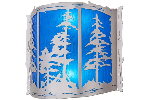 A stunning nature inspired design features a stand of Nickel finished Tall Pine trees and matching frame with a Sapphire Idalight diffuser. This decorative sconce is handcrafted in the Meyda manufacturing facility at the foothills of the spectacular Adirondack Mountains. Custom styles, colors, sizes and dimmable energy-efficient lamping such as LED are available. The wall fixture is UL and cUL listed for dry and damp locations. Collection: Tall Pines Finish: Nickel Glass: Sapphire Idalight Width: 15.00" Height: 12.00" Length: 4.50" Weight: 3.50 lb Extension from Wall: 4.50" Number of Bulbs: 2 Maximum Wattage: 12.00 W Bulb Type: A19 Bulb Base: GU24 Light Source: LED Material: Steel Country of Origin: USA Safety Listing: Damp Safety Rating: Damp LED