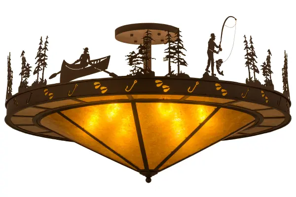Fishing enthusiasts will cast their lines for this alluring lighting fixture. A Fisherman in a rowing boat and another Sportsman standing with his big catch are depicted among the woodland lakes and pine tree silhouettes. Beautiful ambient light shines through warm Amber Mica while the shade is enhanced with accents and hardware featured in a Cafe Noir finish. The fixture is custom crafted by Meyda expert artisans in its manufacturing facility; at the foothills of New York's glorious Adirondack Mountains. Dimmable energy efficient lamping options are available; as well as custom styles; colors and sizes.