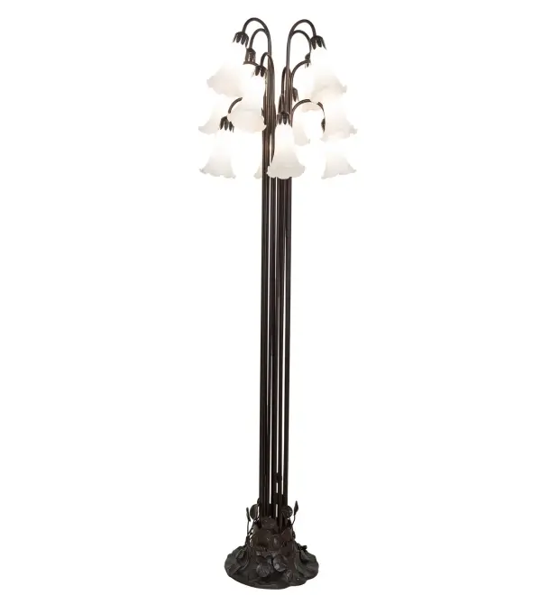 One of the most popular Louis Comfort Tiffany styled lamps on the market today, recreating his famous Favrile design from the early 1900's. This mottled Winter White shaded Twelve Light Floor Lamp offers an attractive, delicate design featuring shades mouth blown of fine art glass. Lily shades are suspended from stems delicately winding above a Lily pad base finished by hand in Mahogany Bronze. Collection: White Finish: Mahogany Bronze Glass: White Width: 20.00" Height: 63.00" Length: 20.00" Weight: 28.00 lb Number of Bulbs: 12 Maximum Wattage: 15.00 W Bulb Type: B10 Bulb Base: E12 Material: Steel Country of Origin: CHINA Safety Rating: Dry