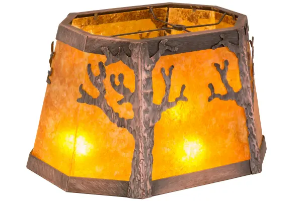 Designed with intriguing silhouettes of of sturdy Oak trees that stand tall against a bright sunlit sky during a mid-winter day, this oblong shade features Amber Mica which is enhanced with Solid Copper hardware and decorative accents that are applied with a darkened finish and highlights. This custom shade was created for a customer-supplied asymmetrically designed base. Our amazing Meyda craftsmen can build this shade with a normal spider lamping configuration or any other configuration that is needed to achieve the precise amount and direction of the light. Handmade in the USA, this lamp shade is available with custom sizes, styles, colors and dimmable, energy efficient lamping options. Collection: Arbre Finish: Black Metal,Custom Glass: Blackened Copper/Amber Mica Width: 11.00" Height: 9.00" Length: 15.00" Weight: 3.00 lb Extension from Wall: 11.00" Number of Bulbs: 1 Bulb Type: A19 Bulb Base: Medium Material: Steel Country of Origin: USA Safety Listing: Dry Safety Rating: Dry