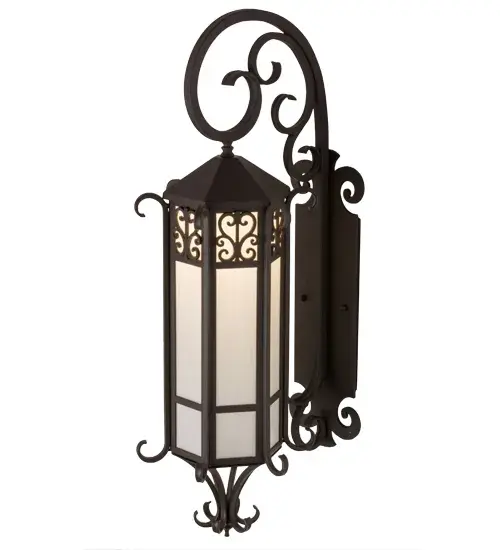 Grand stature and an ornate hand-forged metalwork create a rich, luxurious look for Caprice. This high-styled wall fixture features White art glass, which is enhanced with a scrolled accents featured in a Wrought Iron finish. This sconce is ideal to complement a variety of architectural styles for today's exteriors and interiors. Custom crafted in the USA, this fixture is offered in custom sizes, finishes and styles, as well as energy efficient lamping options. Collection: Caprice Finish: Solar Black Glass: White Art Glass Width: 12.00" Height: 37.00" Length: 16.00" Weight: 30.00 lb Extension from Wall: 16.00" Number of Bulbs: 1 Maximum Wattage: 60.00 W Bulb Type: A19 Bulb Base: E26 Material: Steel Country of Origin: USA Safety Listing: Damp Safety Rating: Wet - alternate view