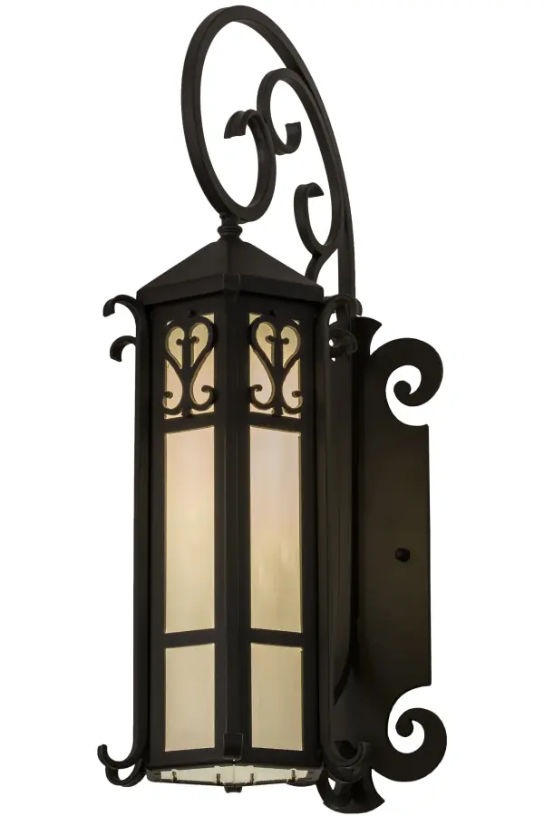 Grand stature and an ornate hand-forged metalwork create a rich, luxurious look for the Caprice Wall Sconce. The wall fixture features White art glass enhanced with a scrolled arm and accents featured in a Solar Black finish. This fixture is ideal to complement a variety of architectural styles for today's exteriors and interiors. Custom crafted in the USA, this fixture is offered in custom sizes, finishes and styles, as well as energy efficient lamping options. Collection: Caprice Finish: Solar Black Glass: White Art Glass Width: 9.00" Height: 28.00" Length: 14.00" Weight: 21.00 lb Extension from Wall: 14.00" Number of Bulbs: 1 Maximum Wattage: 60.00 W Bulb Type: MR16 Bulb Base: E26 Material: Steel Country of Origin: USA Safety Listing: Wet Safety Rating: Wet