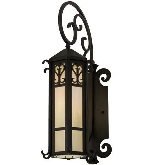 Grand stature and an ornate hand-forged metalwork create a rich, luxurious look for the Caprice Wall Sconce. The wall fixture features White art glass enhanced with a scrolled arm and accents featured in a Solar Black finish. This fixture is ideal to complement a variety of architectural styles for today's exteriors and interiors. Custom crafted in the USA, this fixture is offered in custom sizes, finishes and styles, as well as energy efficient lamping options. Collection: Caprice Finish: Solar Black Glass: White Art Glass Width: 9.00" Height: 28.00" Length: 14.00" Weight: 21.00 lb Extension from Wall: 14.00" Number of Bulbs: 1 Maximum Wattage: 60.00 W Bulb Type: MR16 Bulb Base: E26 Material: Steel Country of Origin: USA Safety Listing: Wet Safety Rating: Wet - alternate view